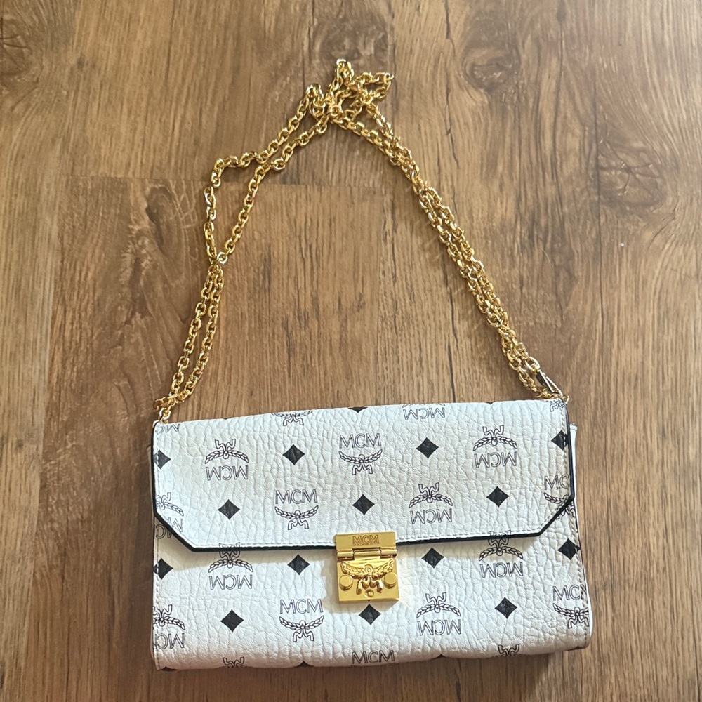 MCM White and Black Clutch with Gold Chain